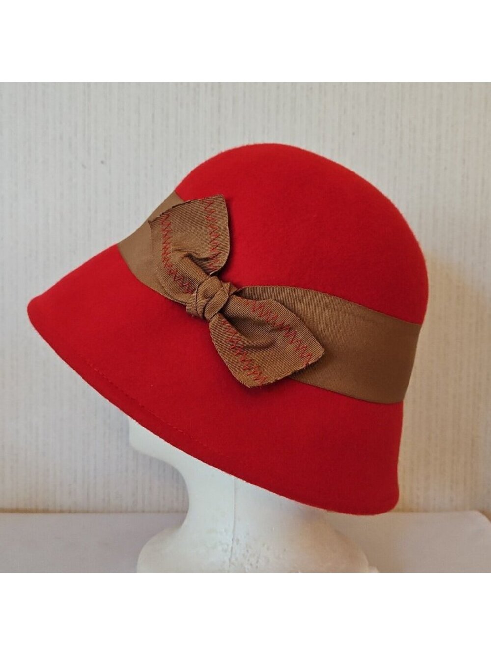 Peter Grimm Wool Cloche Hat Red Womens One Size Grosgrain Bow Wide Brim Hat Band